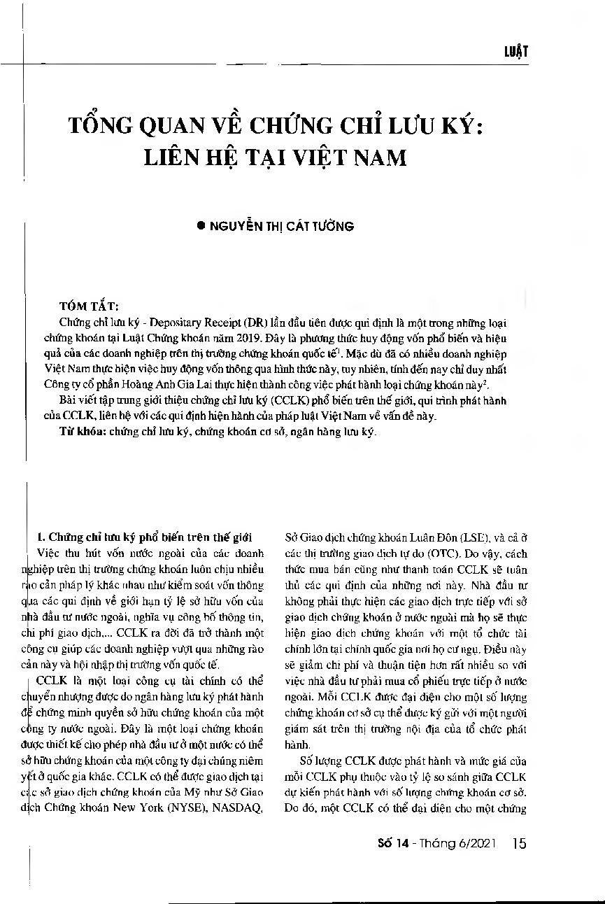 Tổng quan về chứng chỉ lưu ký: Liên hệ tại Việt Nam = An overview about depositary receipt and current Vietnamese regulations on depositary receipts