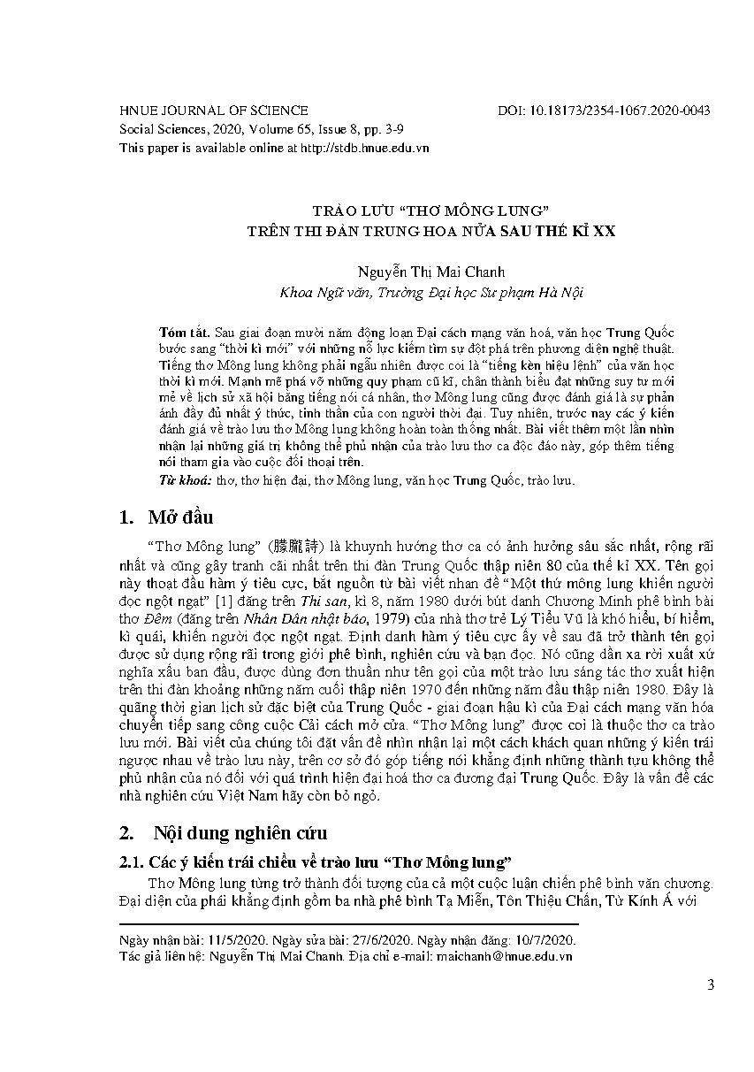 Trào lưu “Thơ mông lung” trên thi đàn Trung Hoa nửa sau thế kỉ XX = The trend of “the misty poetry” in the Chinese literature in the second half of the 20th century
