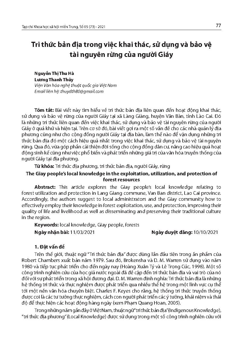 Tri thức bản địa trong việc khai thác, sử dụng và bảo vệ tài nguyên rừng của người Giáy = The Giay people’s local knowledge in the exploitation, utilization, and protection of forest resources