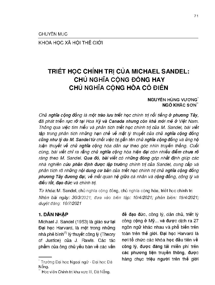 Triết học chính trị của Michael Sandel: chủ nghĩa cộng đồng hay chủ nghĩa cộng hòa cổ điển = Political philosophy of Michael Sandel: communitarianism or classical republicanism