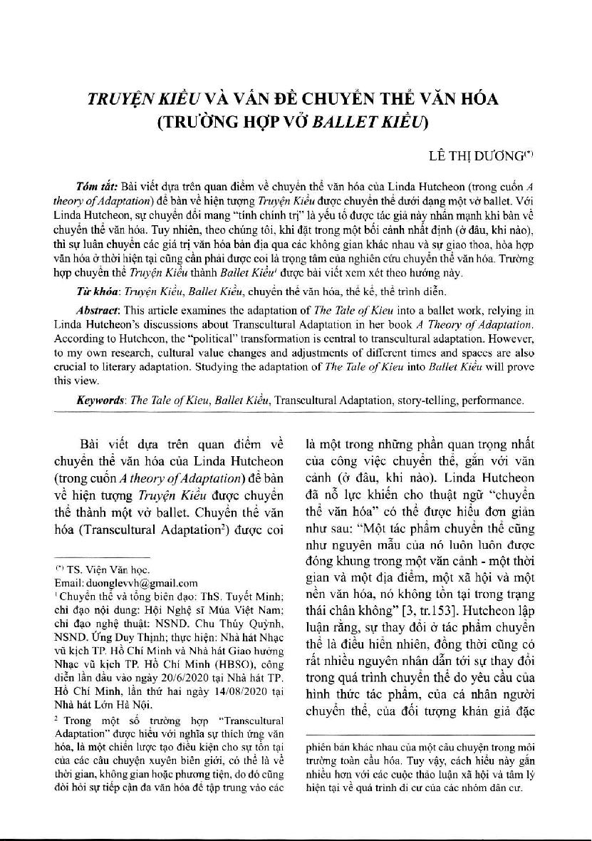 Truyện "Kiều và vấn đề chuyển thể văn hóa (Trường hợp vở Ballet Kiều) = The Tale of Kieu and the issue of transcutural adaptation (Case of ballet Kieu)