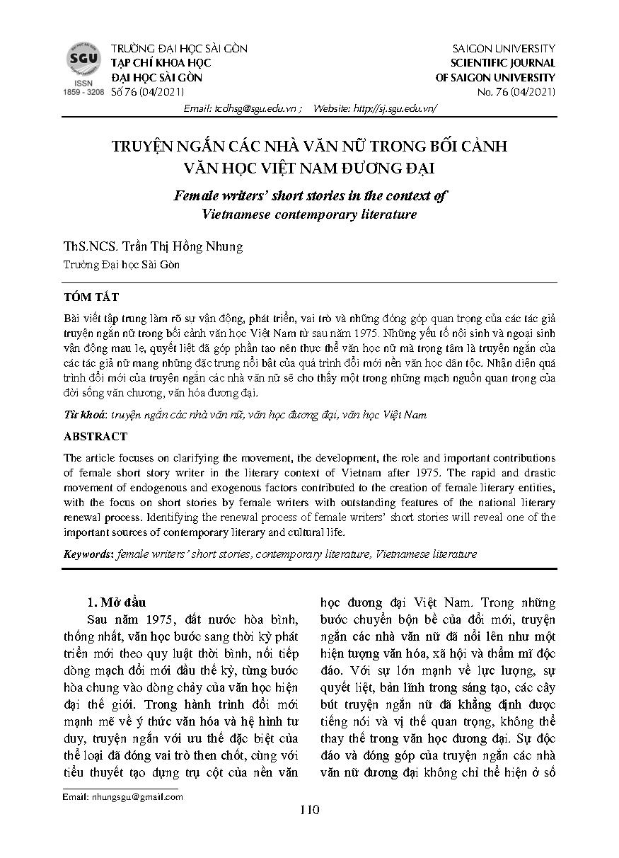 Truyện ngắn các nhà văn nữ trong bối cảnh văn học Việt Nam đương đại = Female writers’ short stories in the context of Vietnamese contemporary literature