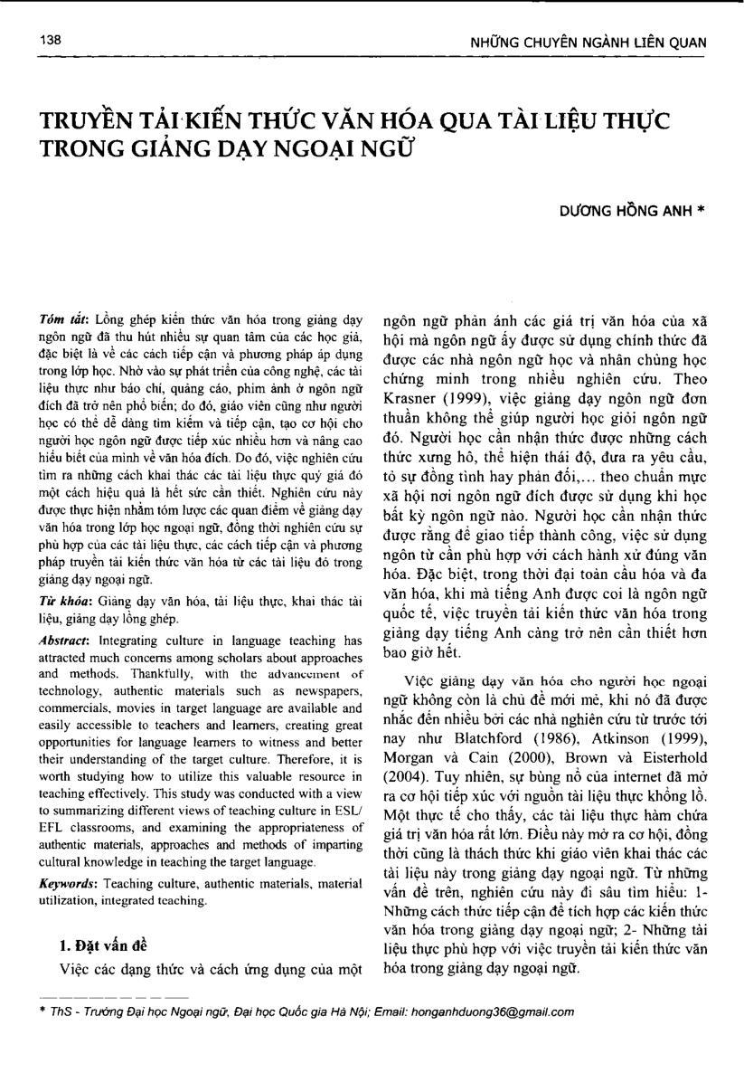 Truyền tải kiến thức văn hóa qua tài liệu thực trong giảng dạy ngoại ngữ = Teaching culture through authentic materials in ESL/EFL classrooms