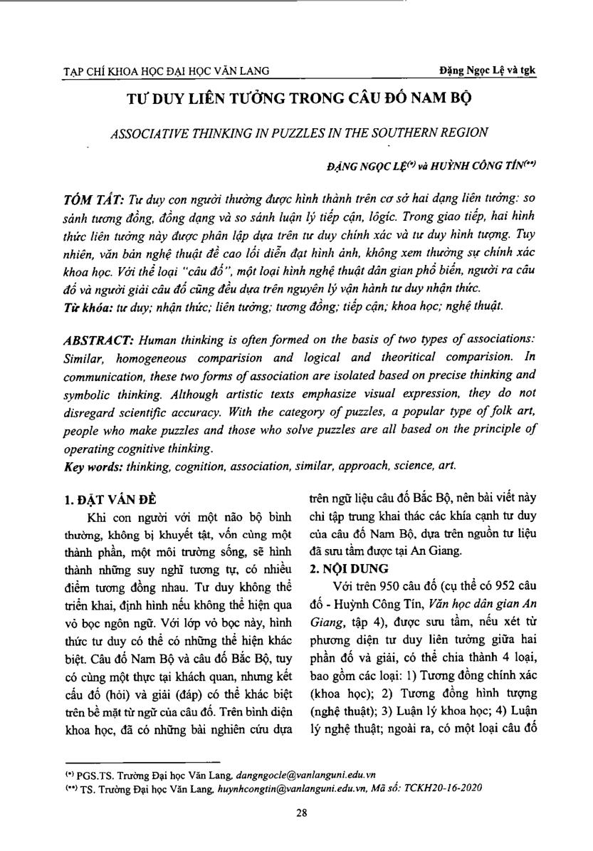 Tư duy liên tưởng trong câu đố Nam Bộ = Associative thinking in puzzles in the southern region