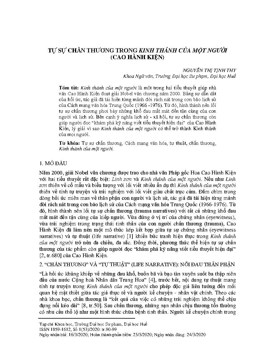 Tự sự chấn thương trong kinh thánh của một người (Cao Hành Kiện) = Trauma narrative in the one man’s bible (Gao Xingjian)