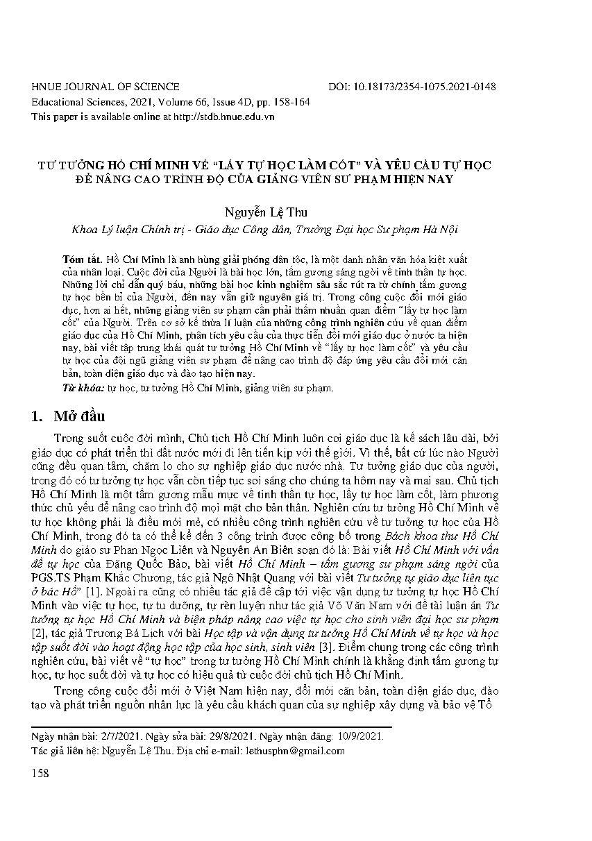Tư tưởng Hồ Chí Minh về “lấy tự học làm cốt” và yêu cầu tự học để nâng cao trình độ của giảng viên sư phạm hiện nay = Ho Chi Minh’s thought on “self-studying” and requirements to improve the quality of current pedagogical trainer