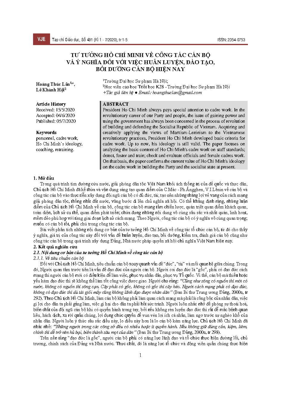 Tư tưởng hồ chí minh về công tác cán bộ và ý nghĩa đối với việc huấn luyện, đào tạo, bồi dưỡng cán bộ hiện nay = Ho Chi Minh's thought on staff work and the implications for training, training and retraining current staff
