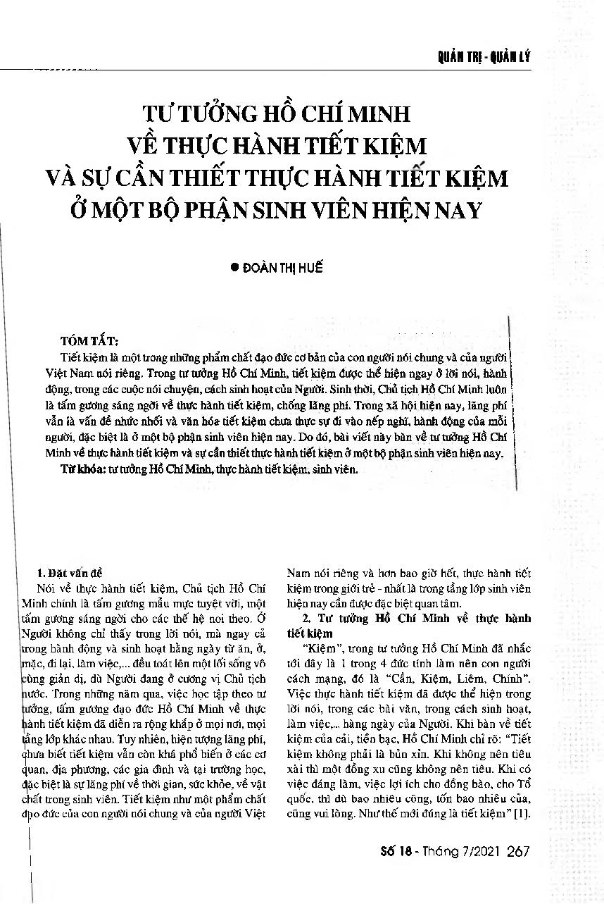 Tư tưởng Hồ Chí Minh về thực hành tiết kiệm và sự cần thiết thực hành tiết kiệm ở một bộ phận sinh viên hiện nay = President Ho Chi Minh’s thought about saving practices and the necessity of doing saving practices among students