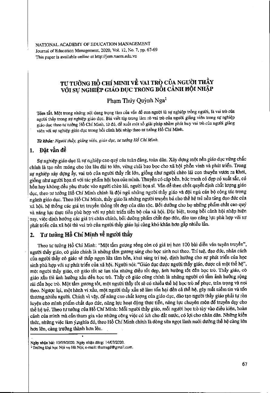 Tư tưởng Hồ Chí Minh về vai trò của người thầy với sự nghiệp giáo dục trong bối cảnh hội nhập = Ho Chỉ Minh’s ideologies about the role of teachers in education in the context of integration