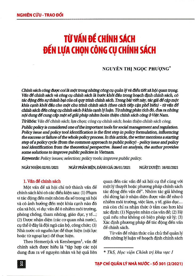 Từ vẩn để chính sách đến lựa chọn công cụ chính sách = From still to policy to choosing policy tools