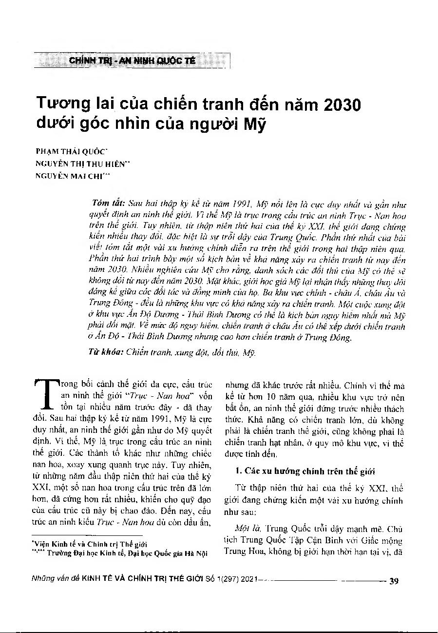 Tương lai của chiến tranh đến năm 2030 dưới góc nhìn của người Mỹ = The possibility of war by 2030 from the US scholars’ perspective