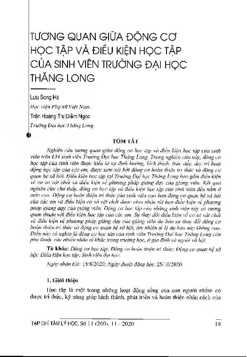Tương quan giữa động cơ học tập và điều kiện học tập của sinh viên Trường Đại học Thăng Long = Students' learning motivation and learning conditions at Thang Long University