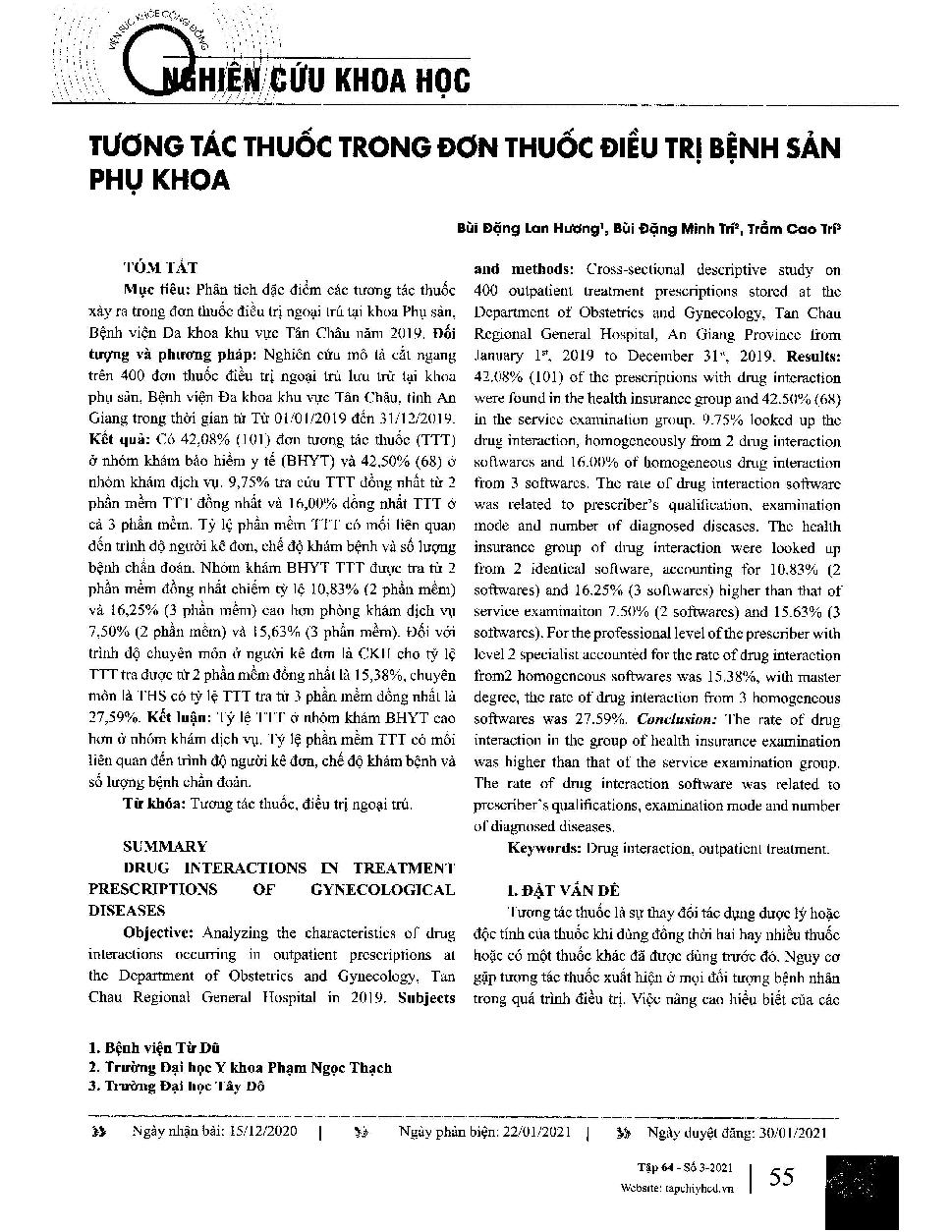 Tương tác thuốc trong đơn thuốc điều trị bệnh sản phụ khoa = Drug interactions in treatment prescriptions of gynecological diseases