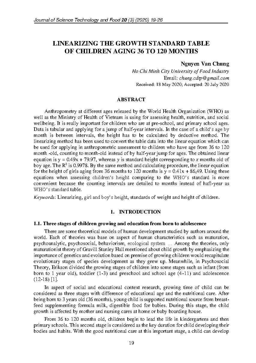 Tuyến tính hóa bảng chiều cao của trẻ từ 36 đến 120 tháng tuổi = Linearizing the growth standard table of children aging 36 to 120 months