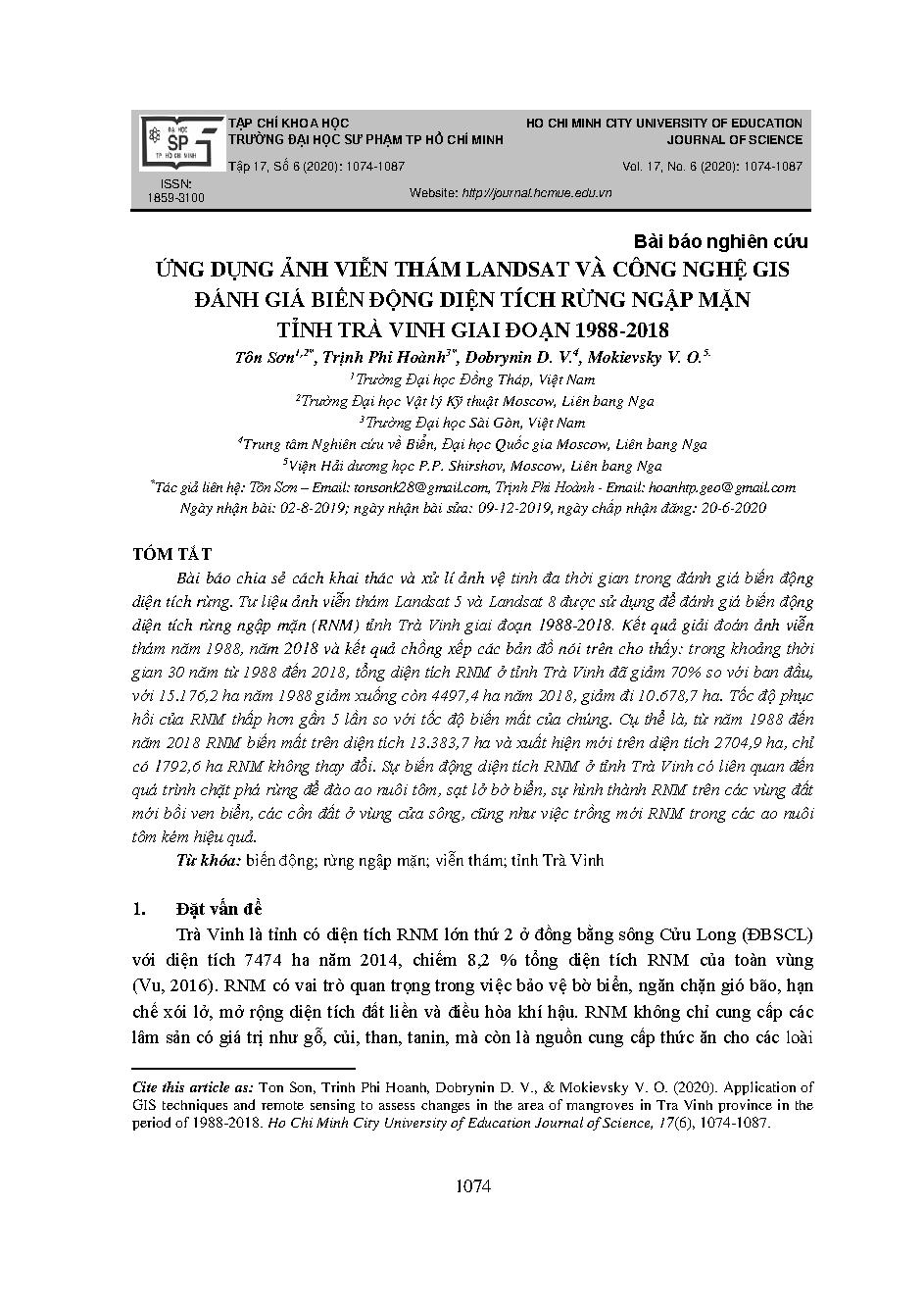 Ứng dụng ảnh viễn thám landsat và công nghệ GIS đánh giá biến động diện tích rừng ngập mặn tỉnh Trà Vinh giai đoạn 1988-2018. = Application of gis techniques and remote sensing to assess changes in the area of mangroves in Tra Vinh province in the period of 1988-2018