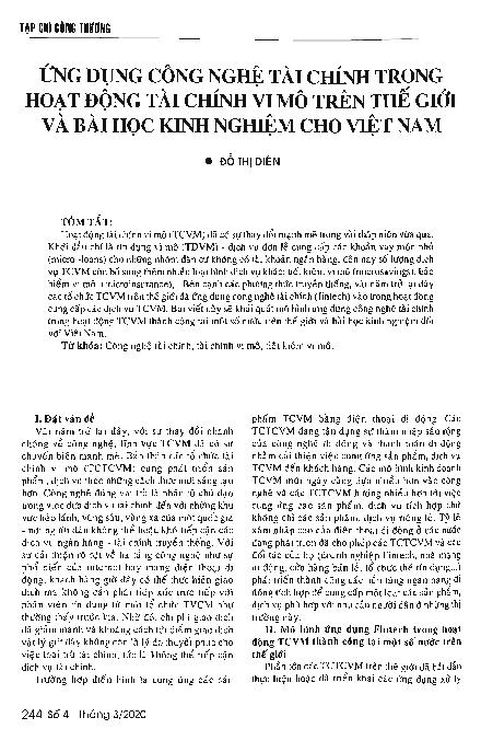 Ứng dụng công nghệ tài chính trong hoạt động tài chính vi mô trên thế giới và bài học kinh nghiệm cho Việt Nam = Application of financial technology in microfinance operations in the world and lessons for Vietnam