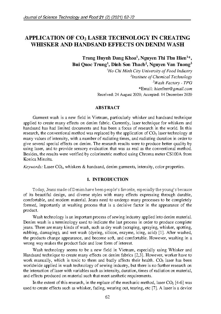 Ứng dụng kỹ thuật laser co2 để tạo hiệu ứng whisker và handsand trong công nghệ giặt vải denim = Application of co2 laser technology in creating whisker and handsand effects on denim wash