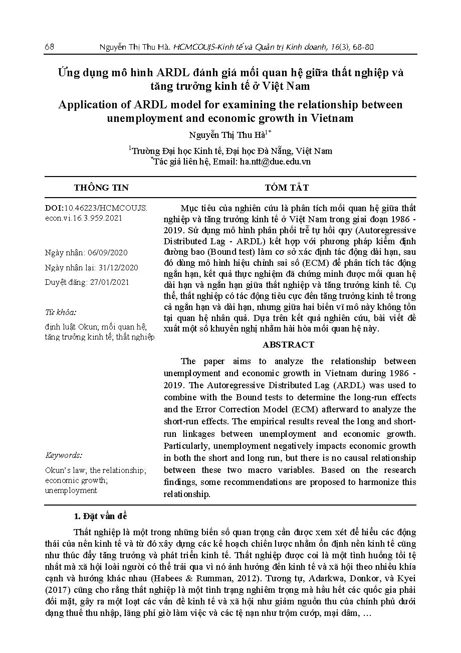 Ứng dụng mô hình ARDL đánh giá mối quan hệ giữa thất nghiệp và tăng trưởng kinh tế ở Việt Nam = Application of ARDL model for examining the relationship between unemployment and economic growth in Vietnam