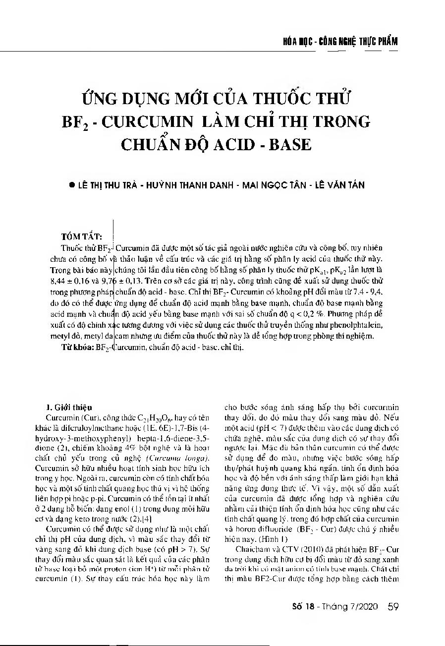 Ứng dụng mới của thuổc thử curcumin - BF2 làm chỉ thị trong chuẩn độ acid - base = The new application of Curcumin - BF2 reagent as an indicator for Acid - Base titration