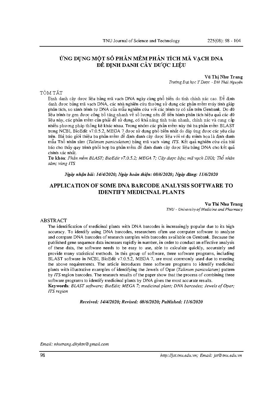 Ứng dụng một số phần mềm phân tích mã vạch DNA để định danh cây dược liệu = Application of some dna barcode analysis software to identify medicinal plants