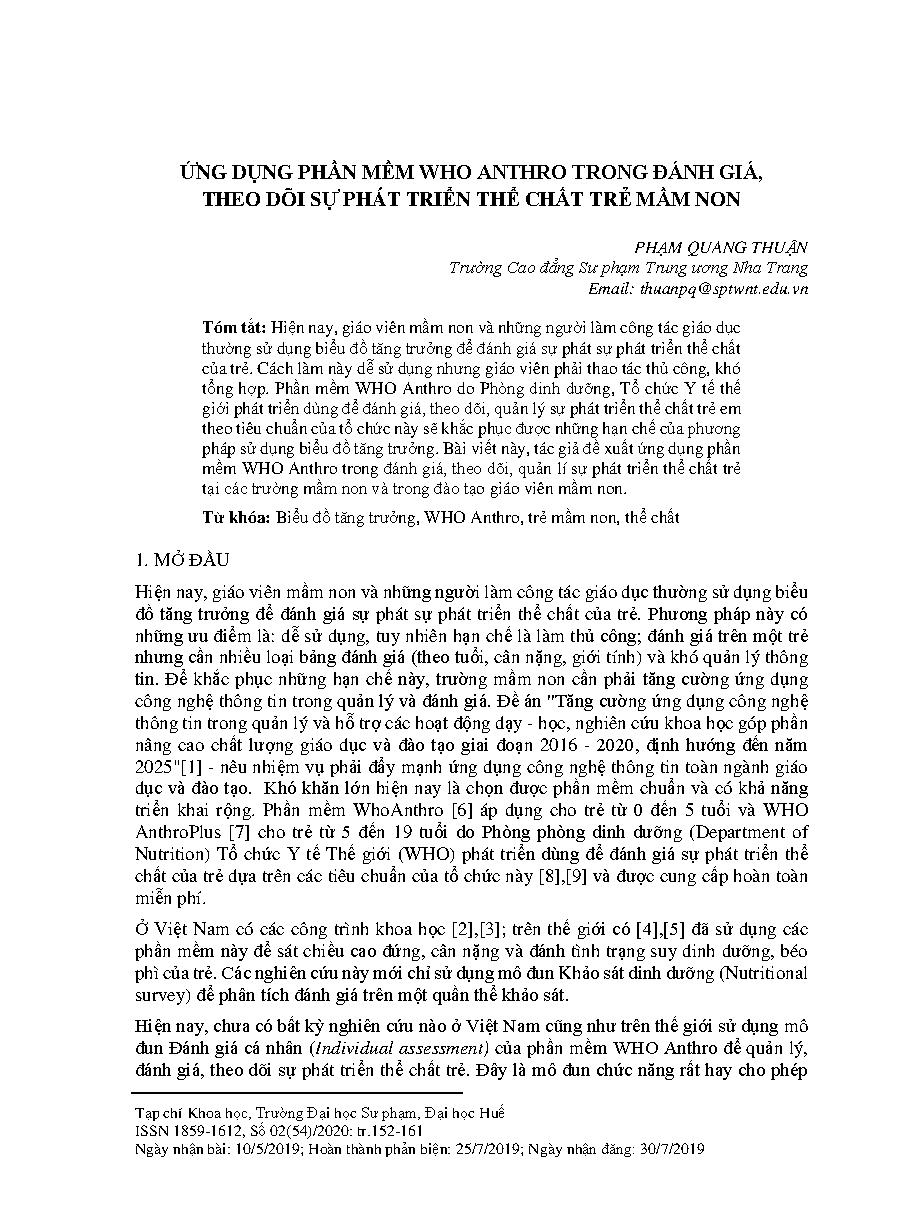 Ứng dụng phần mềm WHO Anthro trong đánh giá, theo dõi sự phát triển thể chất trẻ mầm non = Applying who anthro software to evaluating and monitoring the physical development of preschool children