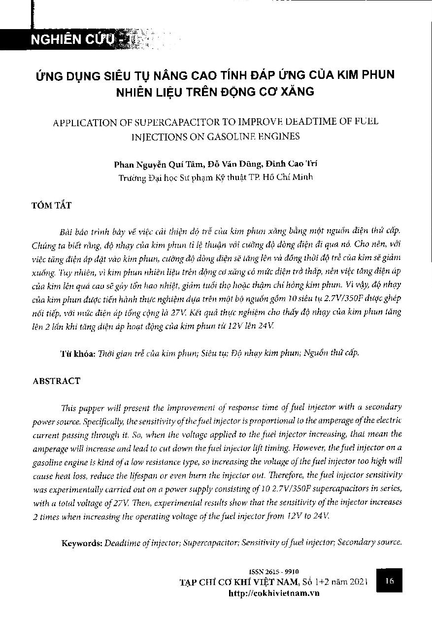 Ứng dụng siêu tụ nâng cao tính đáp ứng của kim phun nhiên liệu trên động cơ xăng = Application of supercapacitor to improve deadtime of fuel injections on gasoline engines