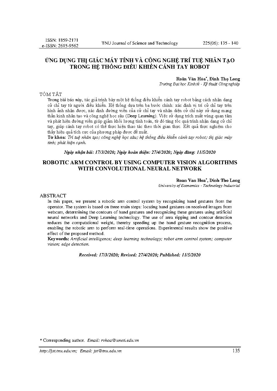 ỨNG DỤNG THỊ GIÁC MÁY TÍNH VÀ CÔNG NGHỆ TRÍ TUỆ NHÂN TẠO TRONG HỆ THỐNG ĐIỀU KHIỂN CÁNH TAY ROBOT = ROBOTIC ARM CONTROL BY USING COMPUTER VISION ALGORITHMS WITH CONVOLUTIONAL NEURAL NETWORK