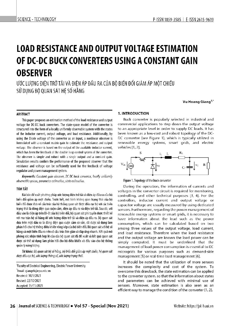 Ước lượng điện trở tải và điện áp đầu ra của bộ biến đổi giảm áp một chiều sử dụng bộ quan sát hệ số hằng = Load resistance and output voltage estimation of DC-DC buck converters using a constant gain observer