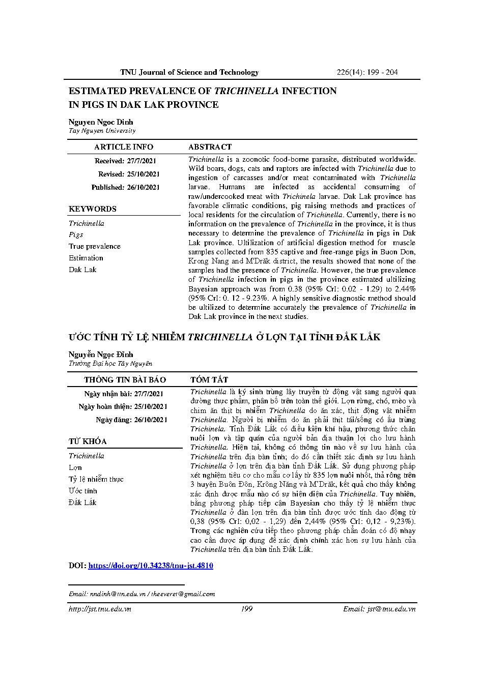 Ước tính tỷ lệ nhiễm trichinella ở lợn tại tỉnh Đắk Lắk = Estimated prevalence of trichinella infection in pigs in dak lak province