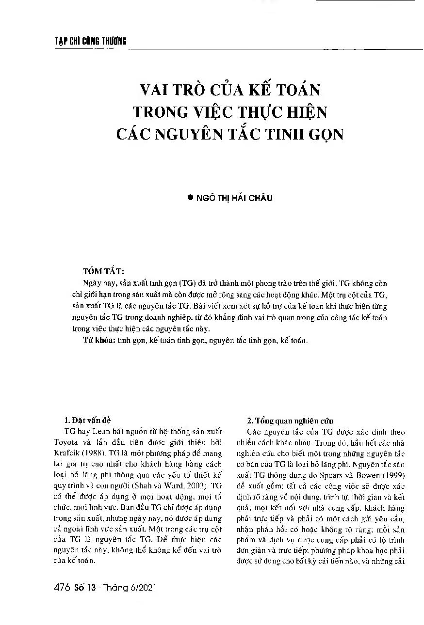 Vai trò của kế toán trong việc thực hiện các nguyên tắc tinh gọn = The role of accountants in the implementation of lean principles