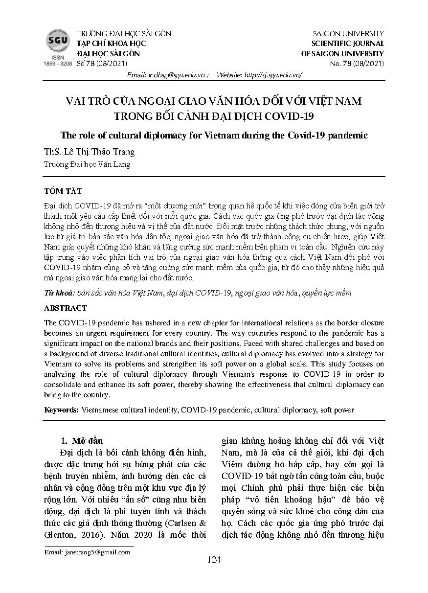 Vai trò của ngoại giao văn hóa đối với Việt Nam trong bối cảnh đại dịch Covid-19 = The role of cultural diplomacy for Vietnam during the Covid-19 pandemic