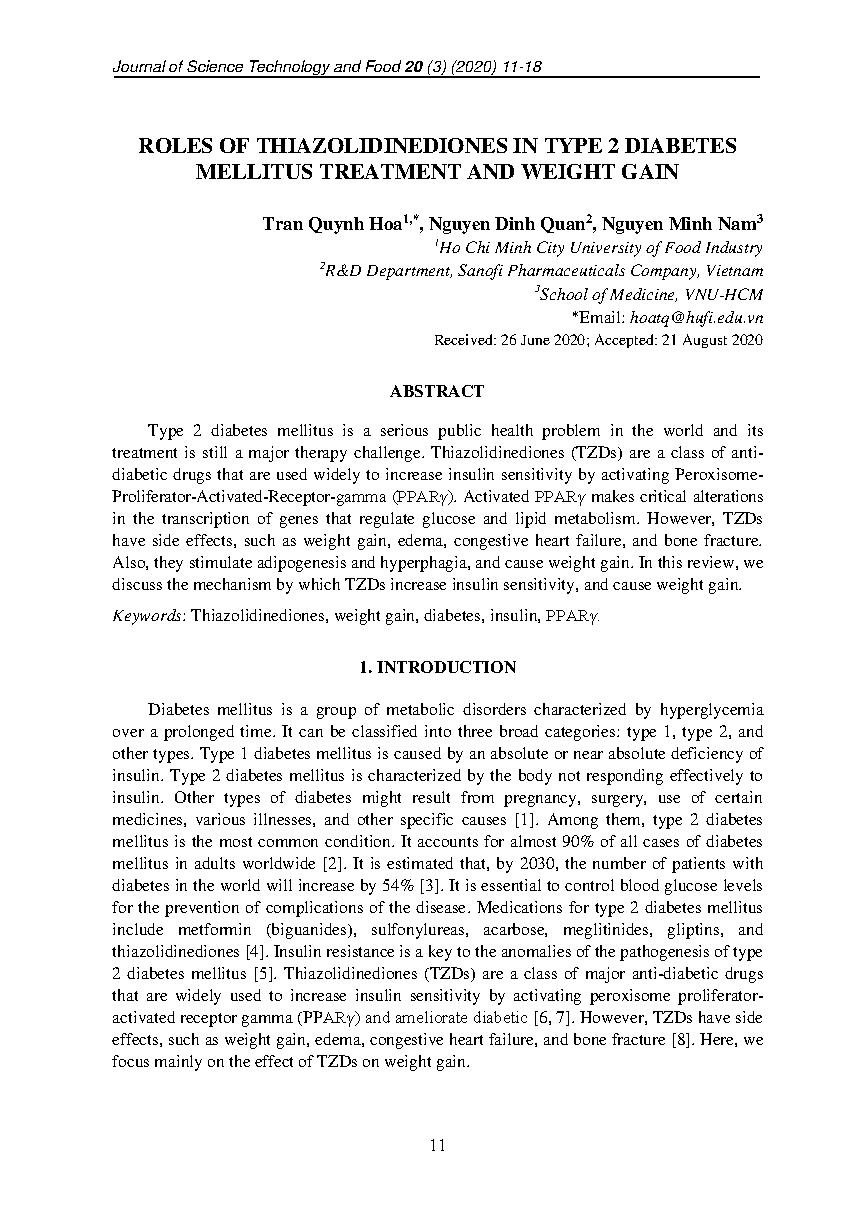 Vai trò của thiazolidinedione trong điều trị đái tháo đường tuýp 2 và hiện tượng tăng cân = Roles of thiazolidinediones in type 2 diabetes mellitus treatment and weight gain