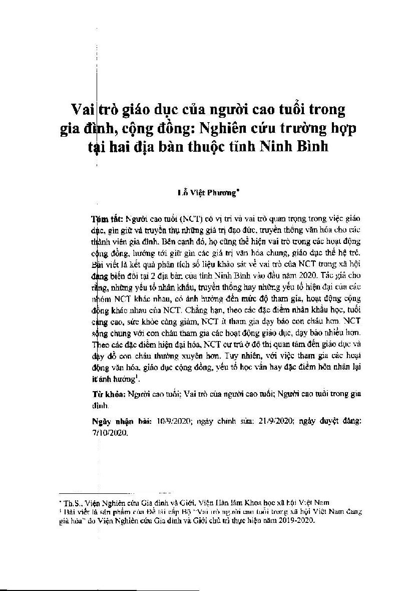 Vai trò giáo dục của người cao tuổi trong gia đình, cộng đồng: Nghiên cứu trường hợp tại hai địa bàn thuộc tỉnh Ninh Bình = Educational Role of the Elder in the Family and Community: A Case Study in Two Areas of Ninh Binh Province