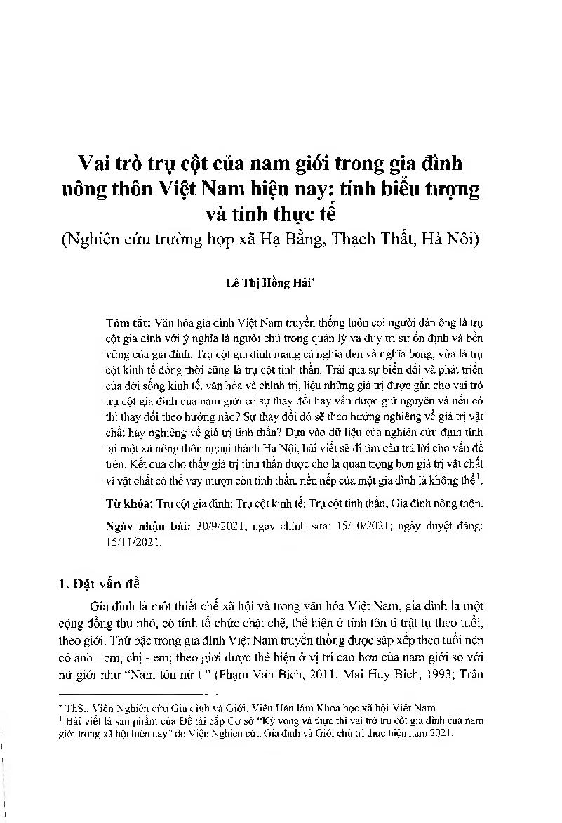 Vai trò trụ cột của nam giới trong gia đình nông thôn Việt Nam hiện nay: tính biểu tượng và tính thực tế (Nghiên cứu trường hợp xã Hạ Bằng, Thạch Thất, Hà Nội) = Pillar Role of Makes in Rural Families in Vietnam today: Symbolic and Realistic Roles (Case Study in Ha Bang commune, Thach That, Hanoi)