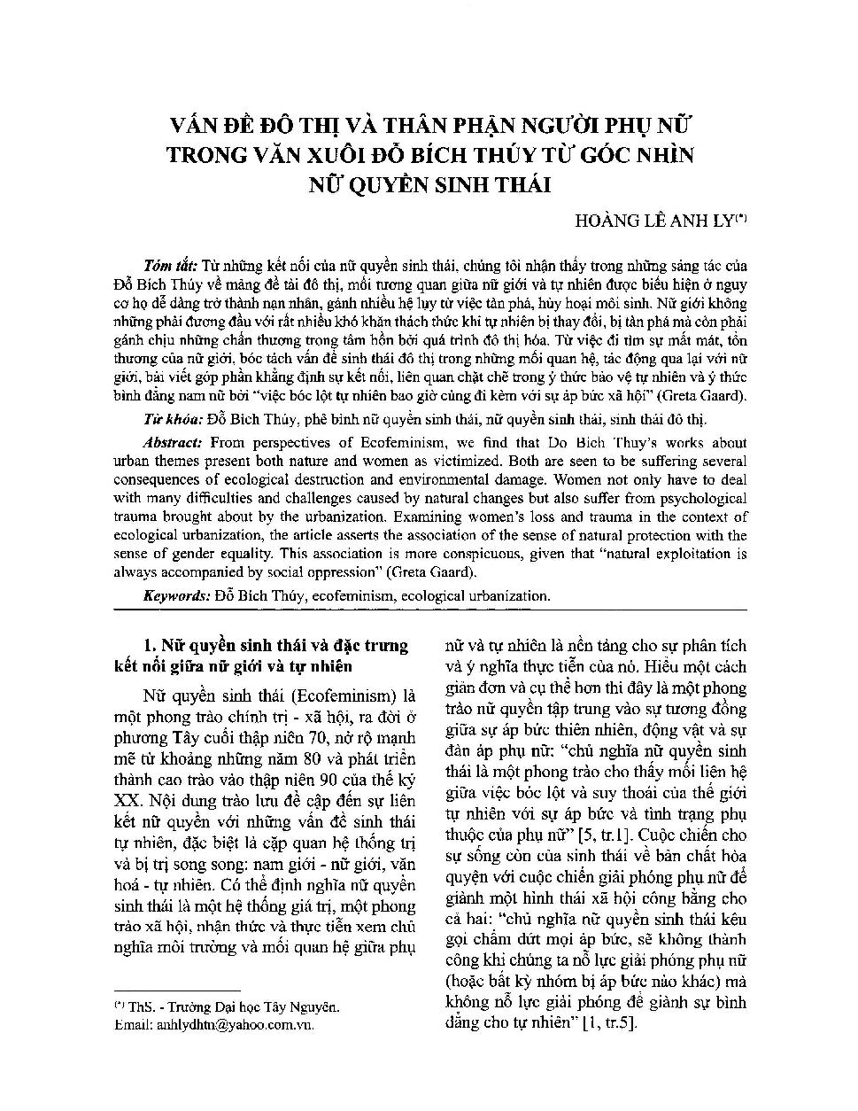 Vấn đề đô thị và thân phận người phụ nữ trong văn xuôi Đỗ Bích Thúy từ góc nhìn nữ quyền sinh thái = Urban ecology and woman’s fate in Đỗ Bích Thúy’s prose from ecofeminism