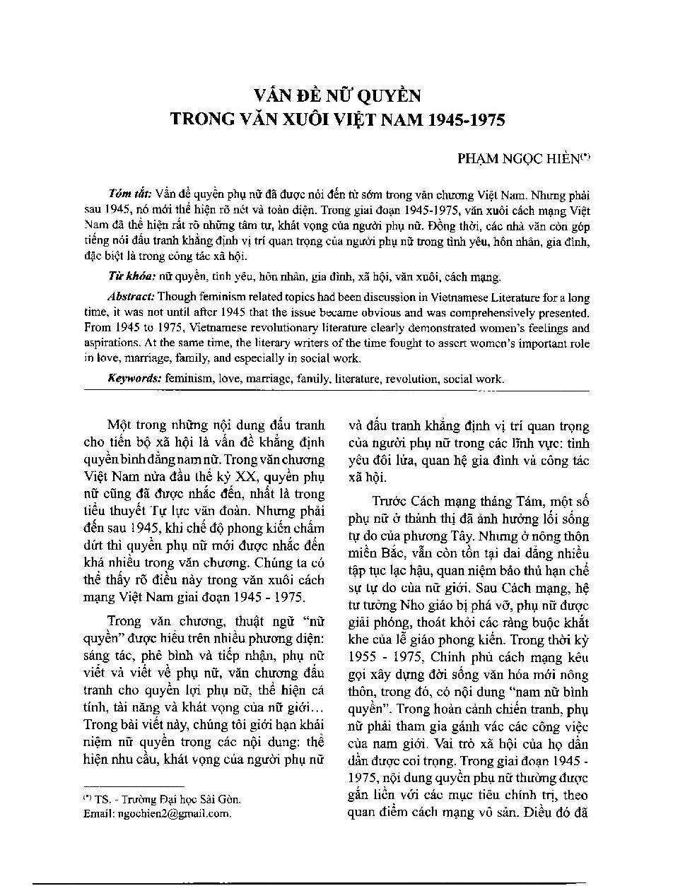 Vấn đề nữ quyền trong văn xuôi Việt Nam 1945-1975 = Feminism in Vietnamese prose (1945-1975)