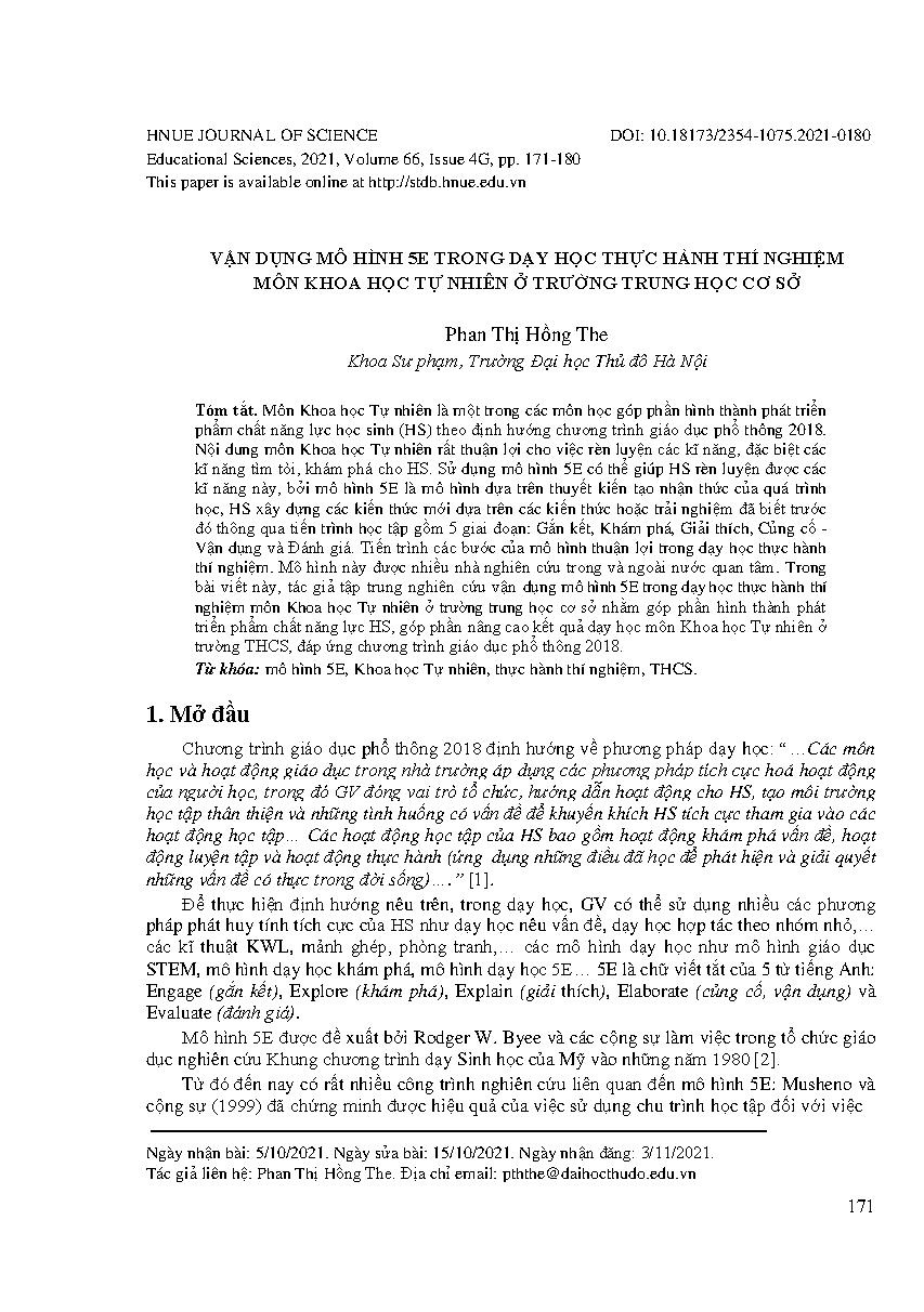 Vận dụng mô hình 5e trong dạy học thực hành thí nghiệm môn khoa học tự nhiên ở trường trung học cơ sở = Applying the 5E model in the teaching of experiments in natural science in junior high school