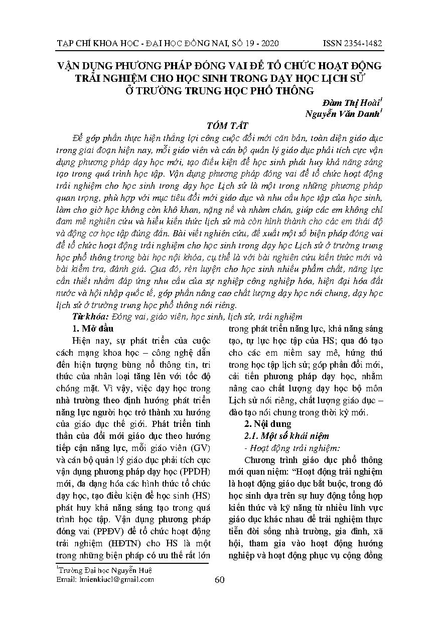 Vận dụng phương pháp đóng vai để tổ chức hoạt động trải nghiệm cho học sinh trong dạy học Lịch sử ở trường trung học phổ thông = Applying the role play method to organize experiential activities for students in teaching history at high schools
