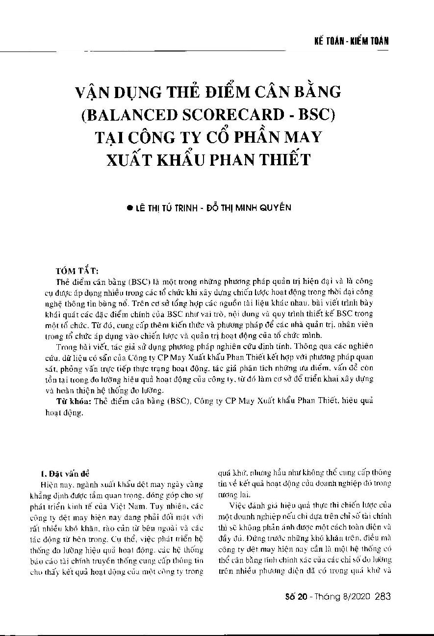 Vận dụng thẻ điểm cân bằng (Balanced scorecard - BSC) tại công ty cổ phần May Xuất khẩu Phan Thiết = Using the balanced scorecard at Phan Thiet Garment Import-Export Joint stock Company