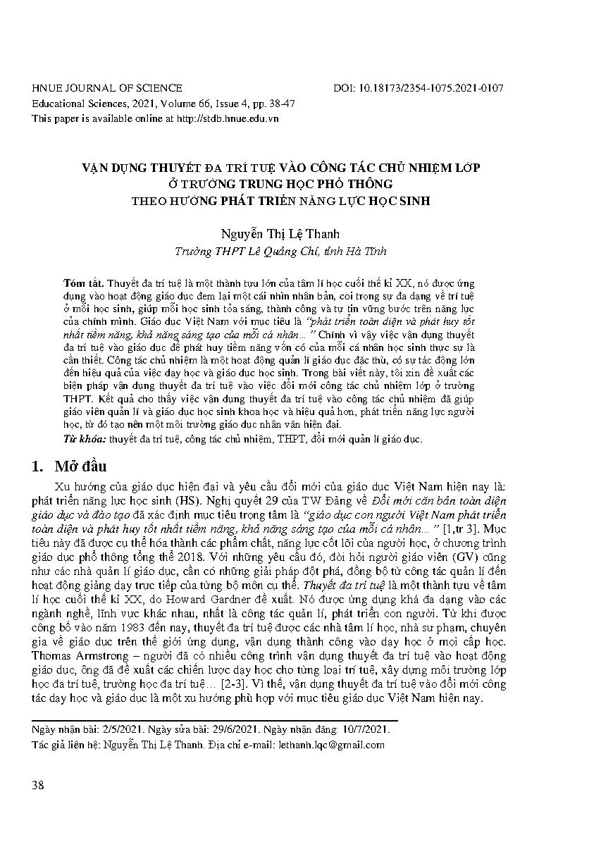 Vận dụng thuyết đa trí tuệ vào công tác chủ nhiệm lớp ở trường trung học phổ thông theo hướng phát triển năng lực học sinh = Implementing the theory of multiple intelligences on classroom management mission at high school with developing learners’ competencies orientation aims