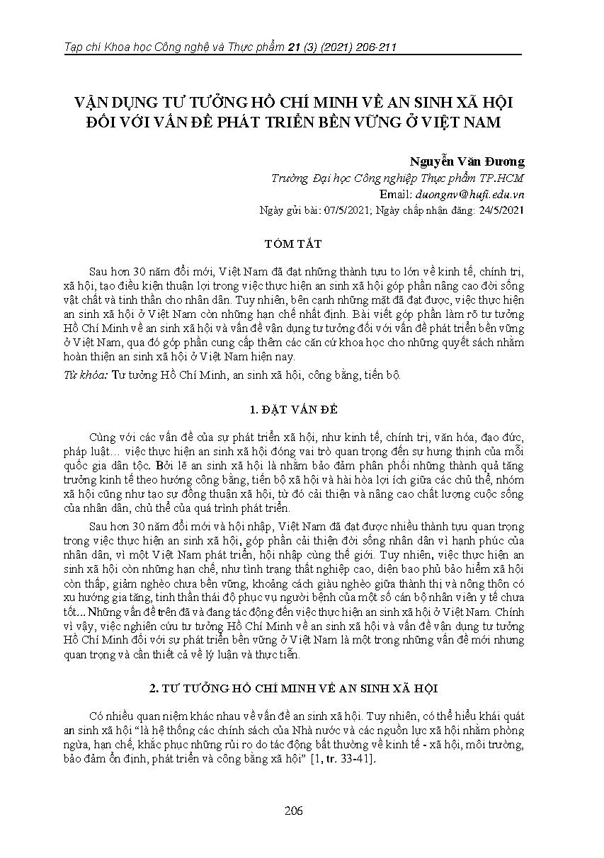 Vận dụng tư tưởng hồ chí minh về an sinh xã hội đối với vấn đề phát triển bền vững ở Việt Nam = Applying ho chi minh's ideology on social security for sustainable development in vietnam