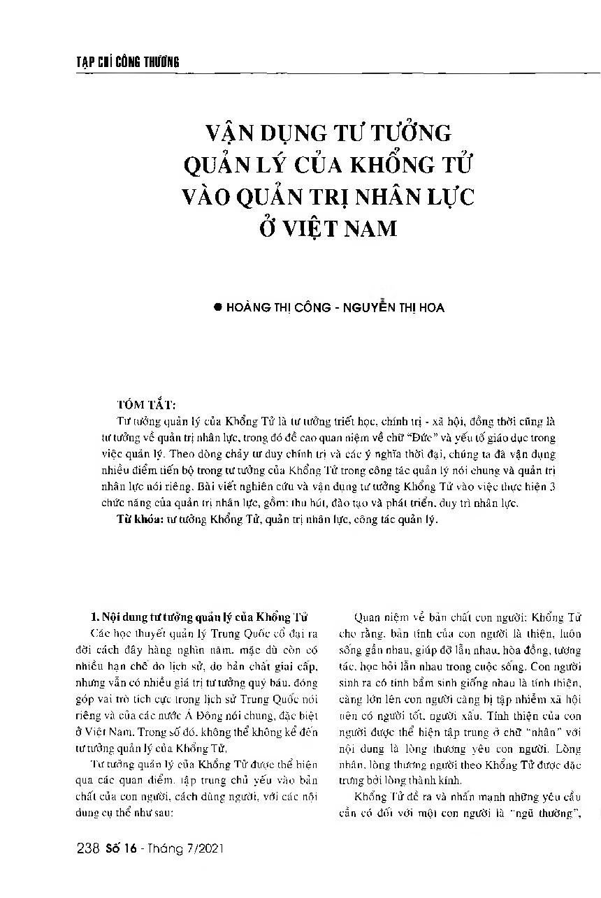 Vận dụng tư tưởng quản lý của Khổng Tử vào quản trị nhân lực ở Việt Nam = The implementation of Confucius' thoughts in human resource management in Vietnam