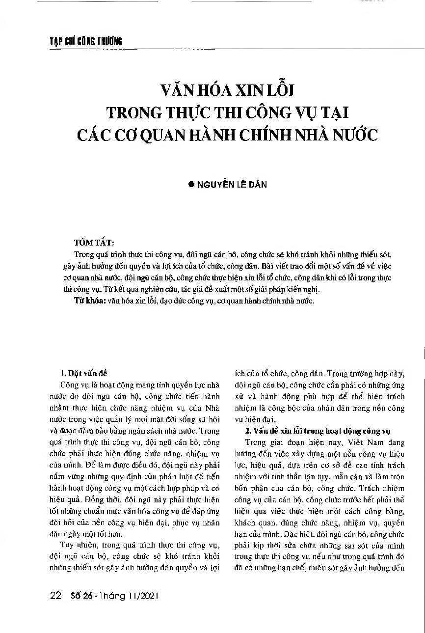 Văn hóa xin lỗi trong thực thi công vụ tại các cơ quan hành chính nhà nước = The apology culture of public administrative agencies for mistakes which happen during the performance of official duties