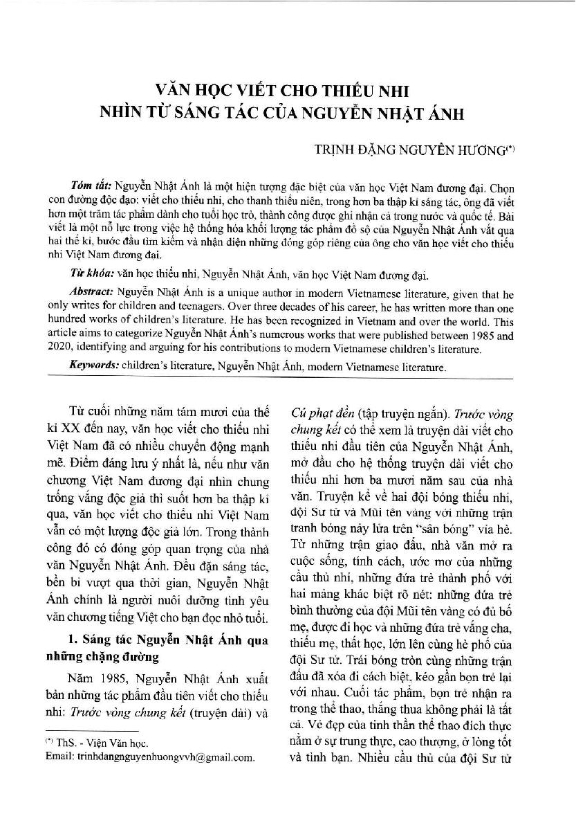 Văn học viết cho thiếu nhi nhìn từ sáng tác của Nguyễn Nhật Ánh = Children's literature: Case of Nguyễn Nhật Ánh's works