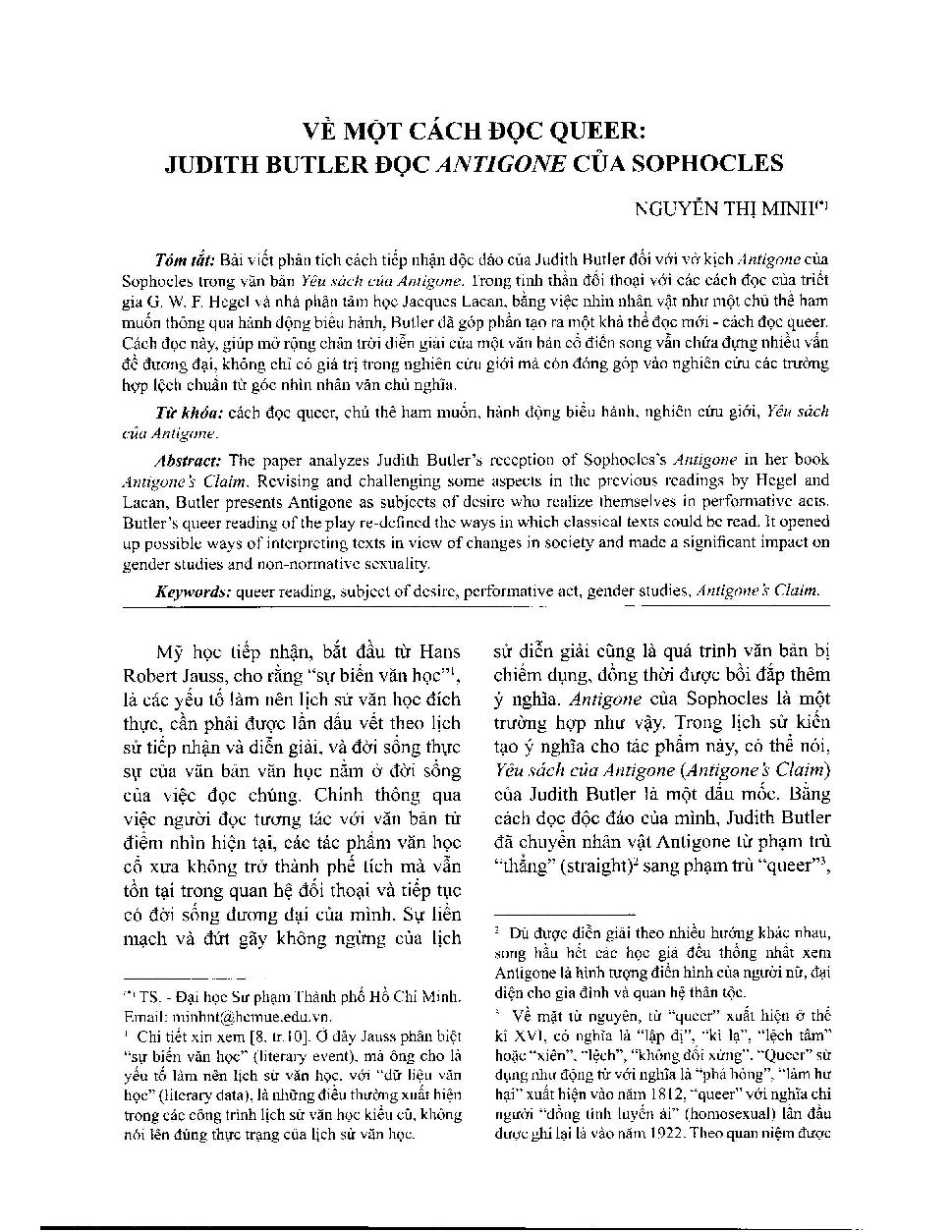 Về một cách đọc queer: Judith Butler đọc Antigone của Sophocles = A queer reading: Judith Butler’s Reading of sophocles’s Antigone