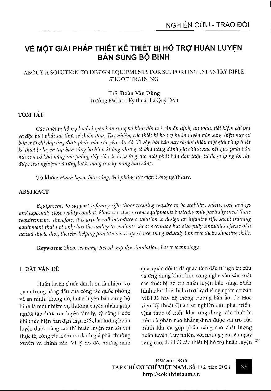Về một giải pháp thiết ké thiết bị hô trợ huấn luyện bắn súng bộ bính = About a solution to design equipments for supporting infantry rifle shoot training
