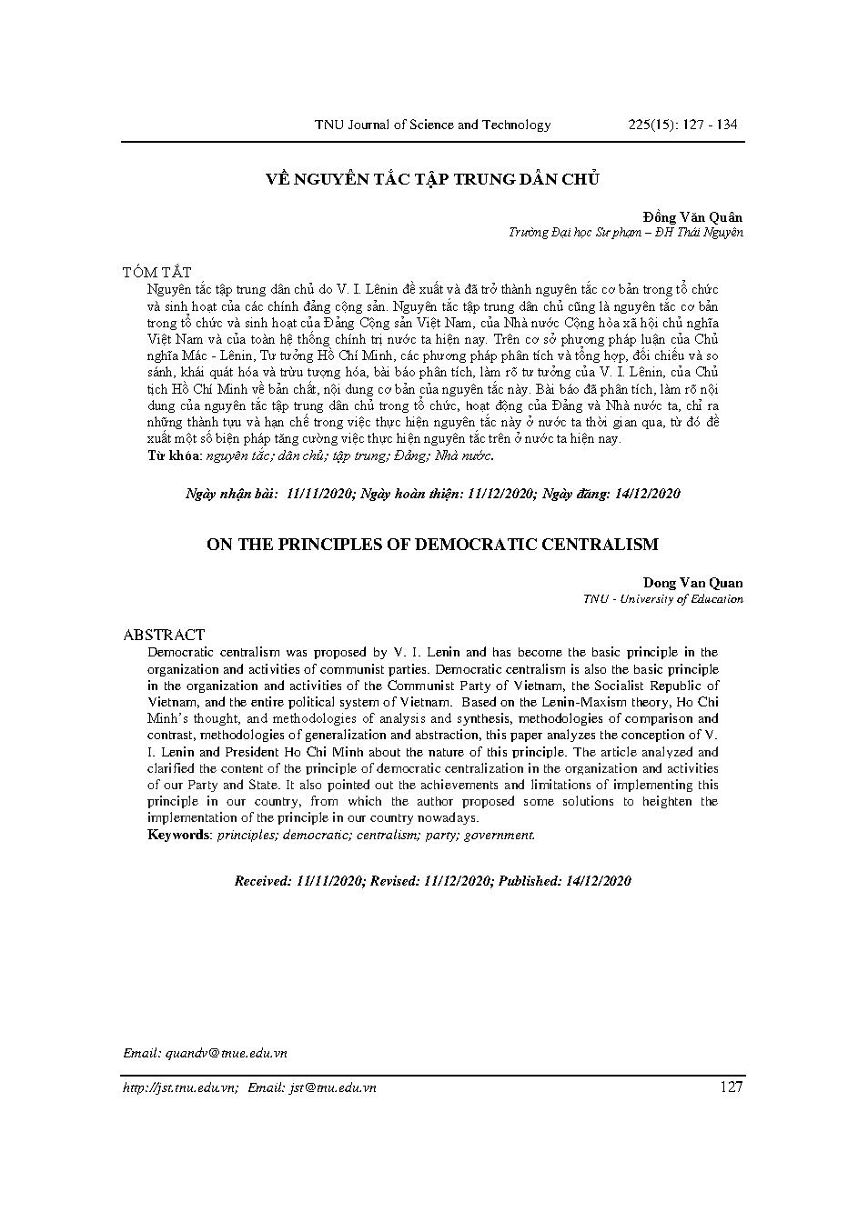 Về nguyên tắc tập trung dân chủ = On the principles of democratic centralism