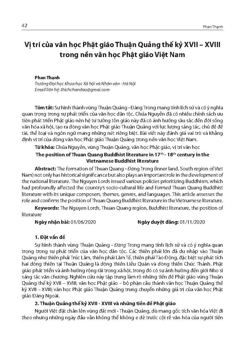 Vị trí của văn học Phật giáo Thuận Quảng thế kỷ XVII – XVIII trong nền văn học Phật giáo Việt Nam = The position of Thuan Quang Buddhist literature in 17th - 18th century in the Vietnamese Buddhist literature