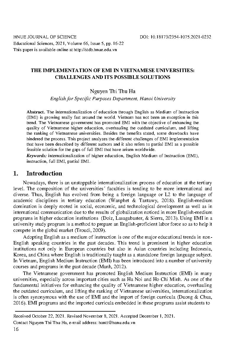 Việc thực hiện Emi trong các trường đại học Việt Nam: những thách thức và giải pháp khả thi = The implementation of emi in Vietnamese universities: challenges and its possible solutions