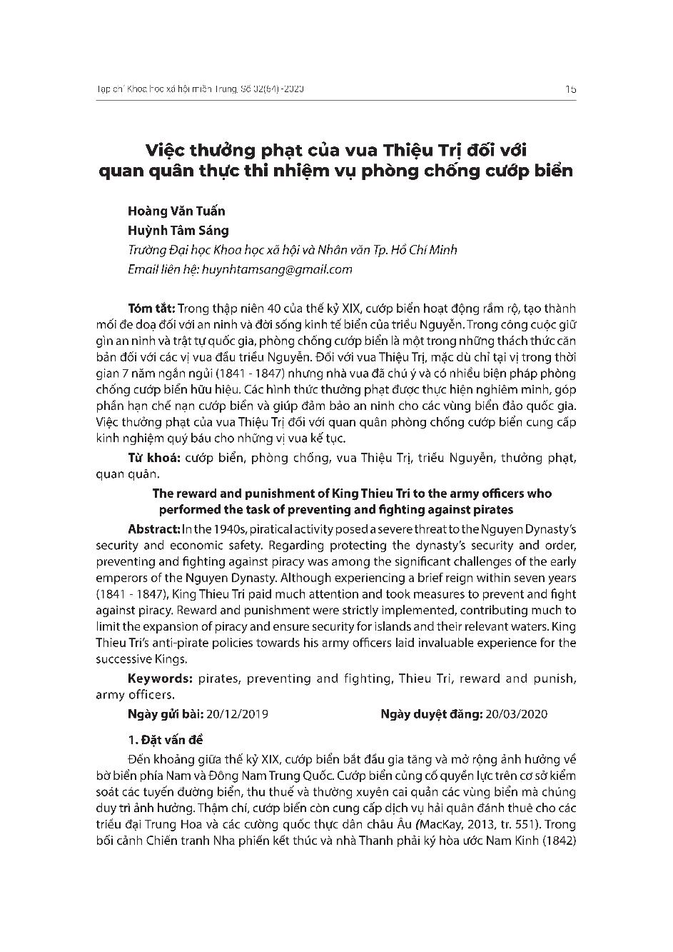 Việc thưởng phạt của vua Thiệu Trị đối với quan quân thực thi nhiệm vụ phòng chống cướp biển = The reward and punishment of King Thieu Tri to the army officers who performed the task of preventing and fighting against pirates